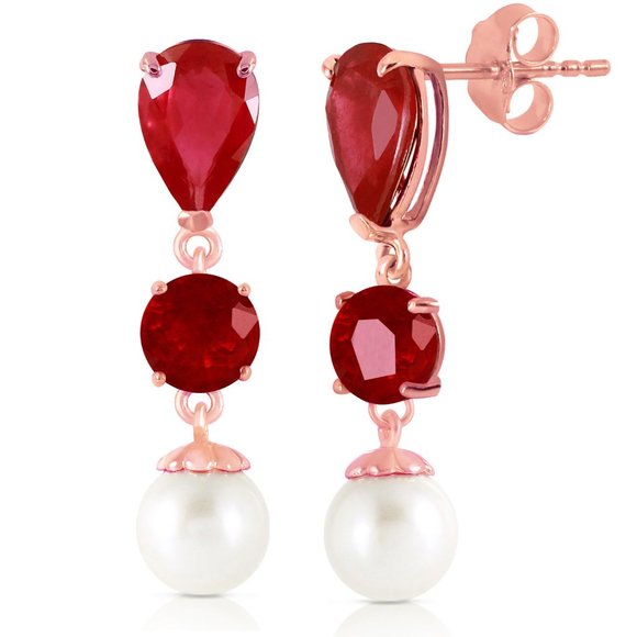 14K. GOLD CHANDELIER EARRING WITH RUBIES & PEARLS (Rose Gold)